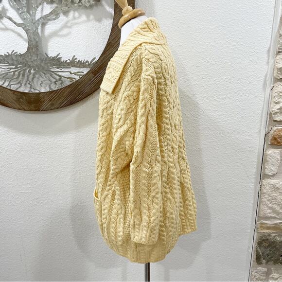 Aran Crafts Cableknit Irish Merino Wool Shawl Collar Cardigan Sweater Yellow - Picture 3 of 7